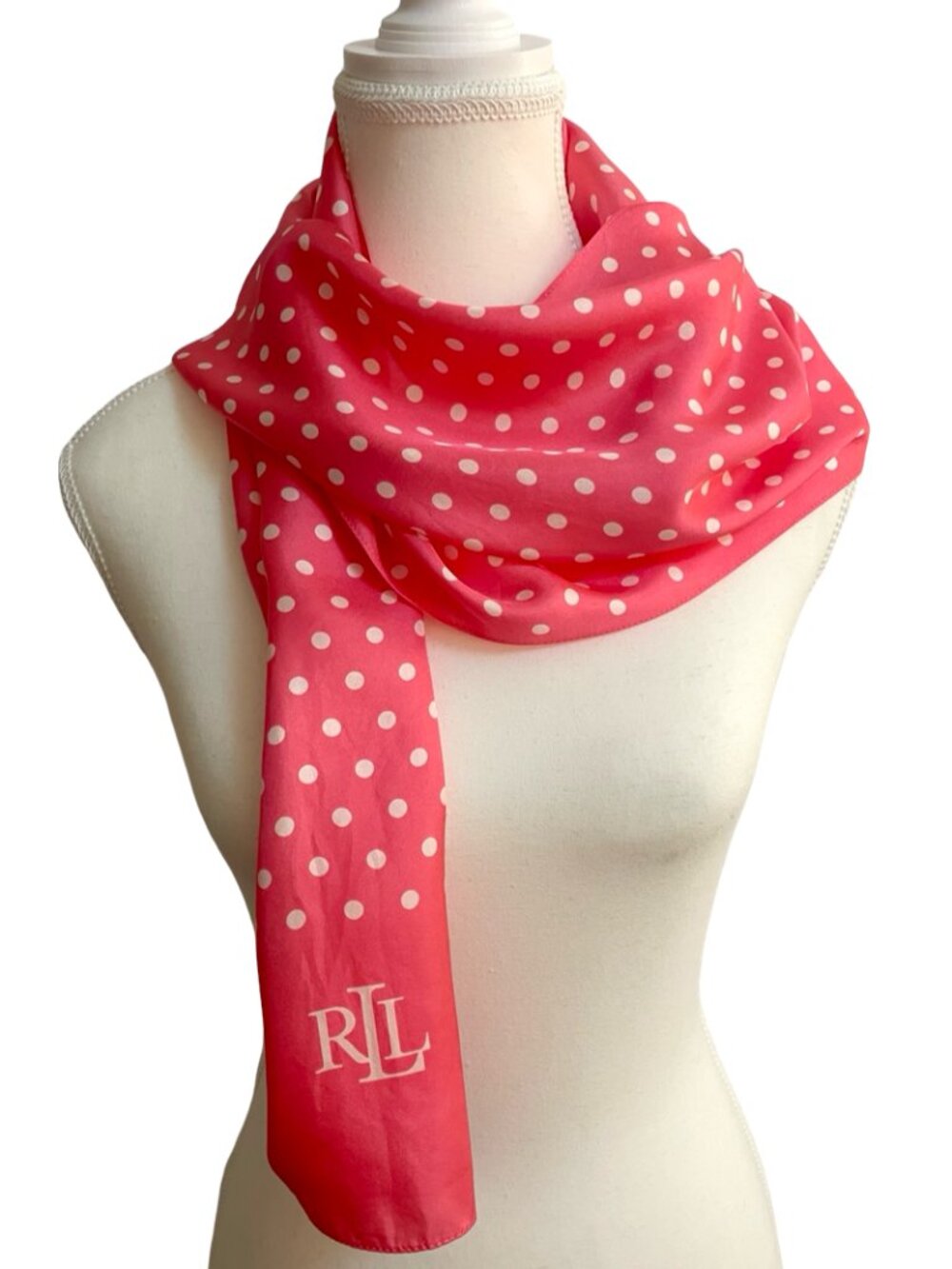 Lauren Ralph Lauren Silk Scarf Polka Dot Pink 58” Long